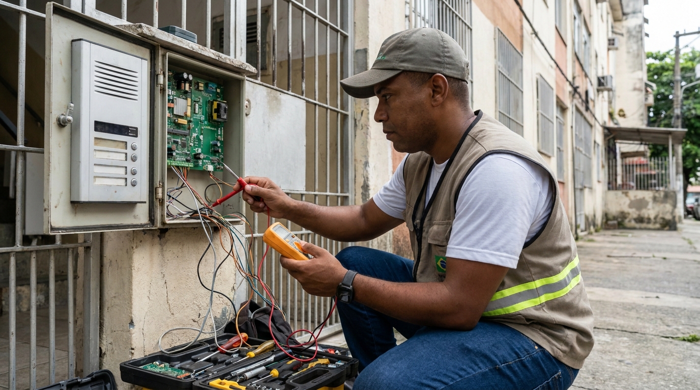 Eletricista consertando interfone em Porto Alegre‑RS