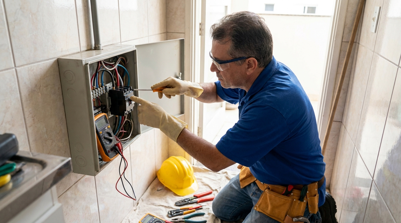 Eletricista instalando disjuntor em Porto Alegre‑RS