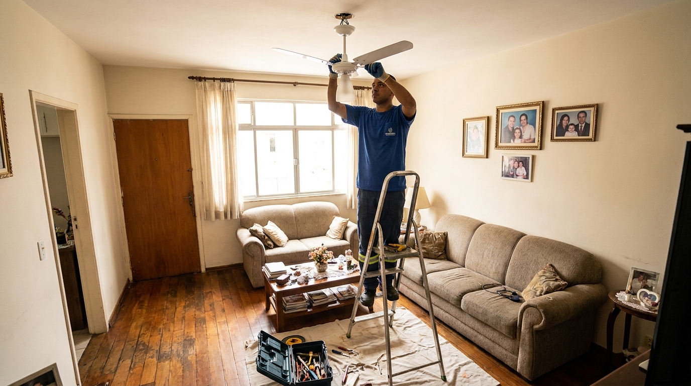 Eletricista instalando ventilador de teto em Porto Alegre‑RS